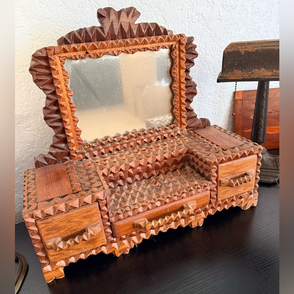 Vintage Hand-Carved Tramp Art Wooden Dresser Jewelry Box with Mirror